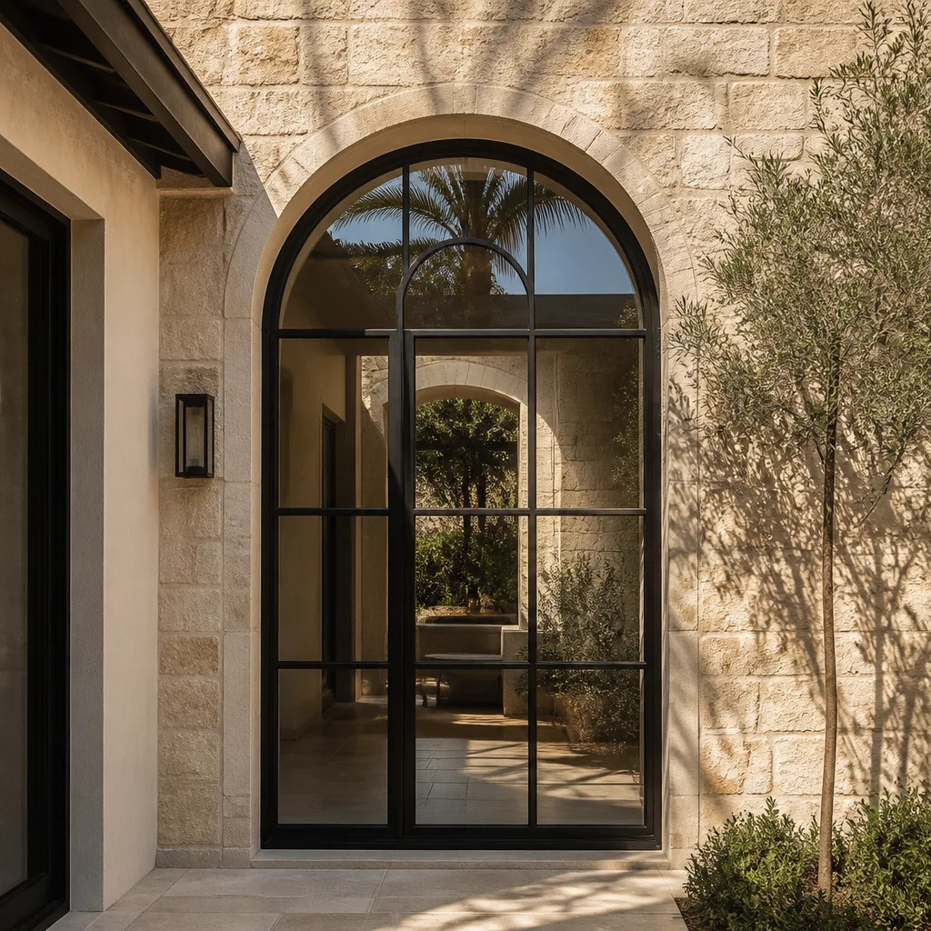 Custom arched steel-framed glass door with stone exterior architectural detail in Wellington, FL
