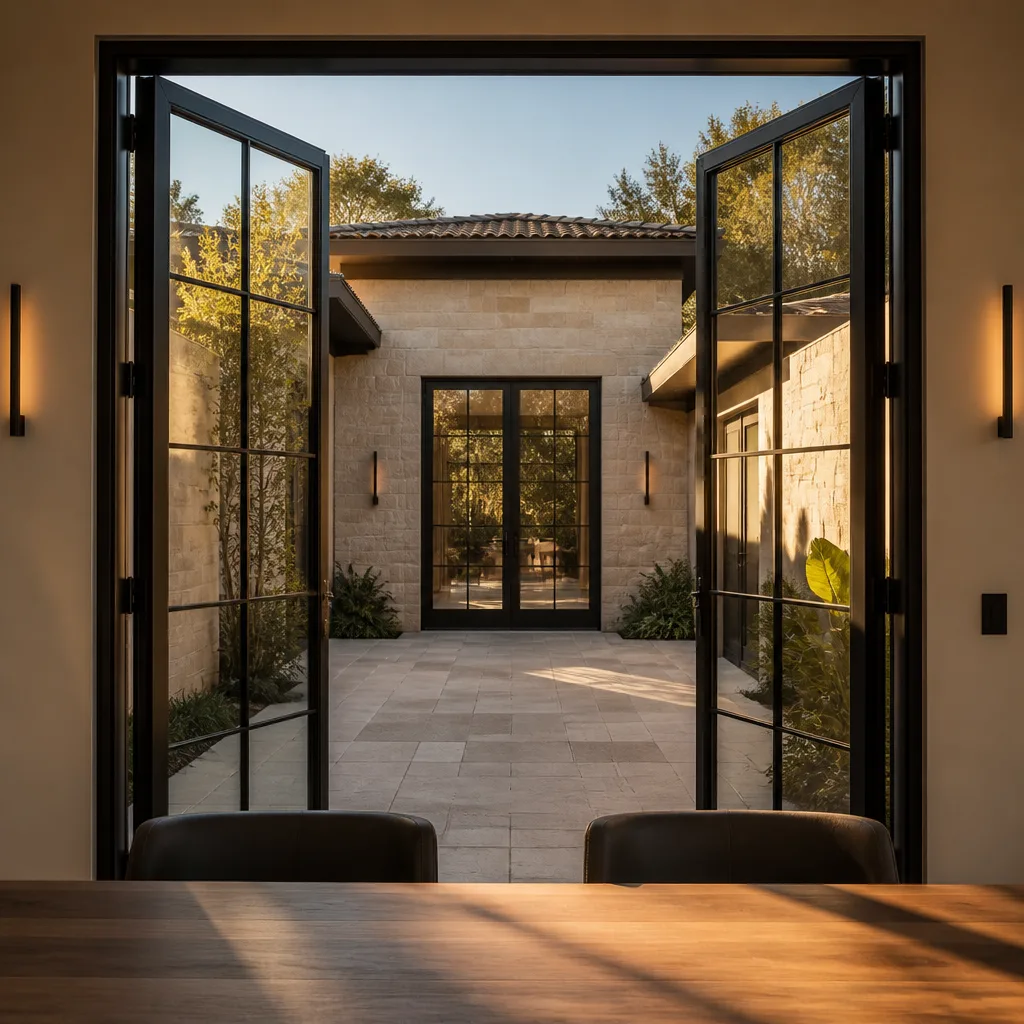 Custom black metal french doors opening to a modern stone courtyard in Wellington, FL