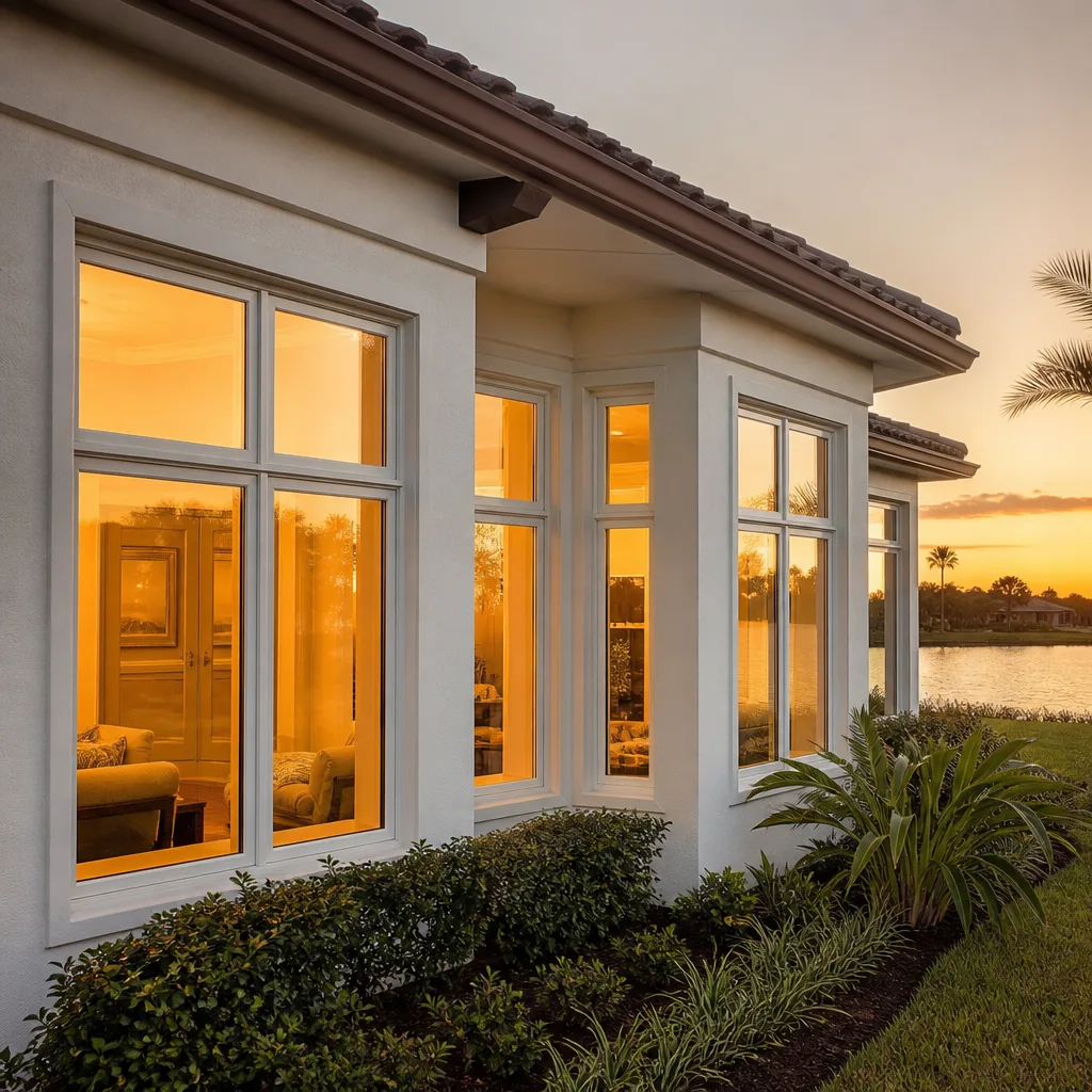 Energy-efficient windows on a luxury home with sunset lake view in Wellington, FL