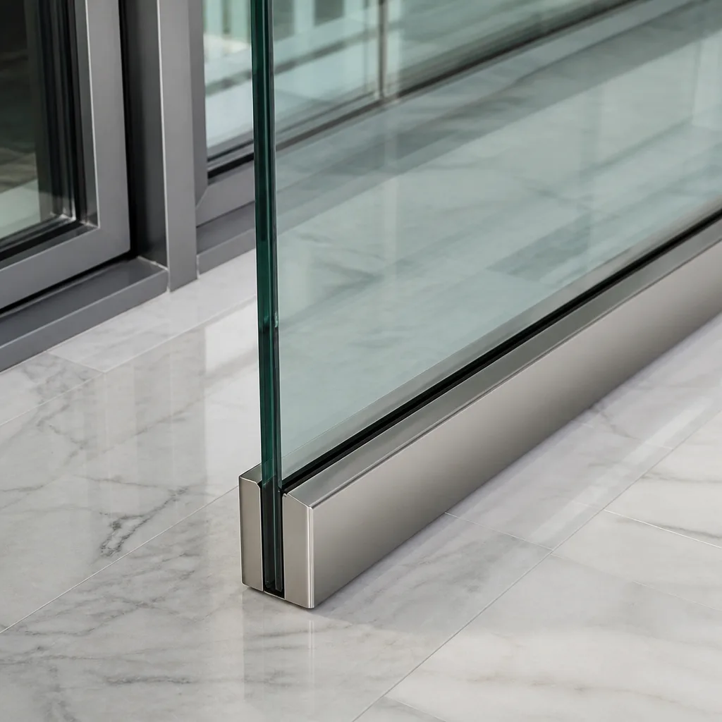 Modern glass railing system with brushed metal base on marble flooring in Wellington, FL