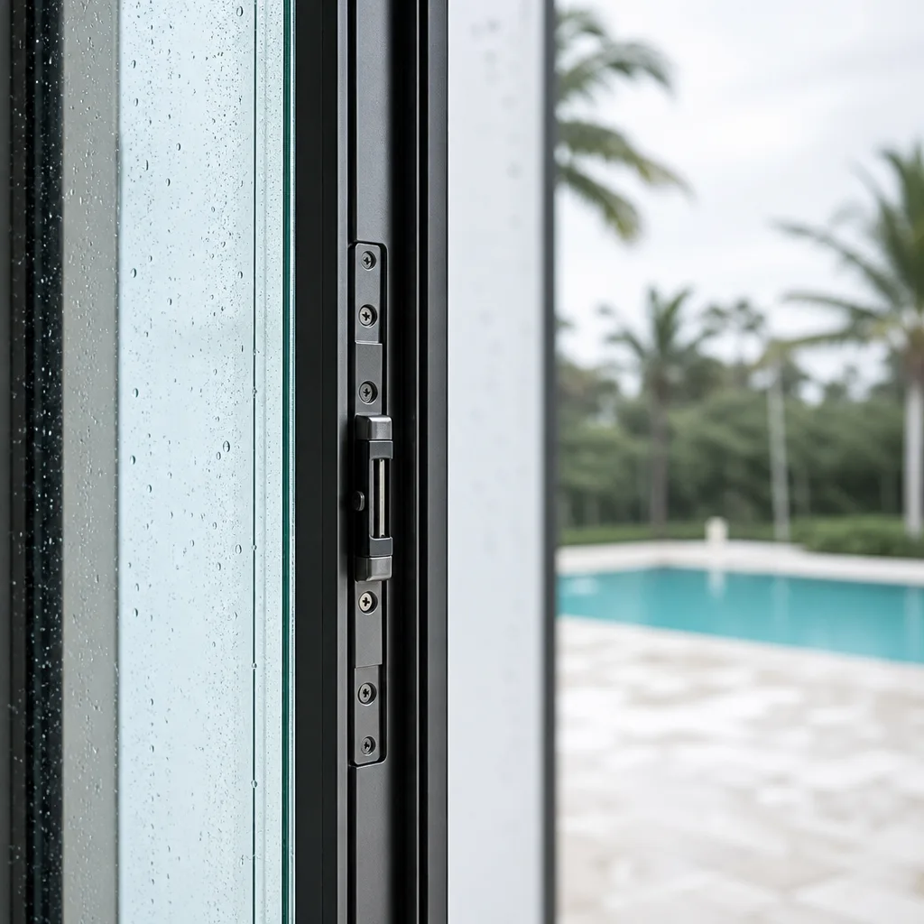 Close-up of impact-resistant door hardware and frame in Wellington, FL