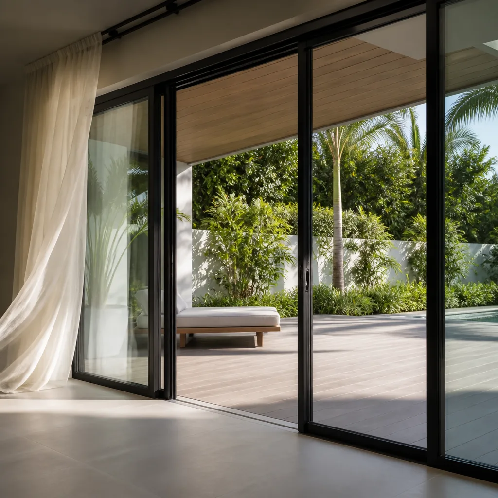 Modern black frame sliding patio doors opening to a tropical backyard deck in Wellington, FL