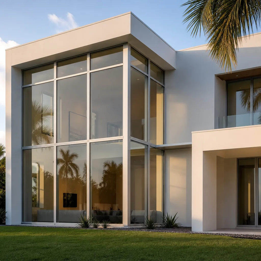 Modern residential home with large floor-to-ceiling glass window and door installation. in Wellington, FL