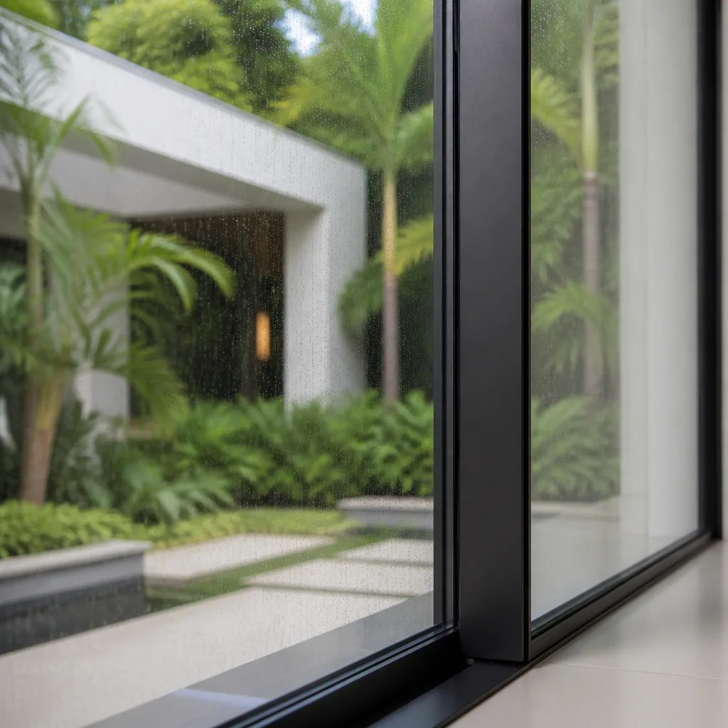 Modern black-framed sliding glass door overlooking a tropical courtyard garden