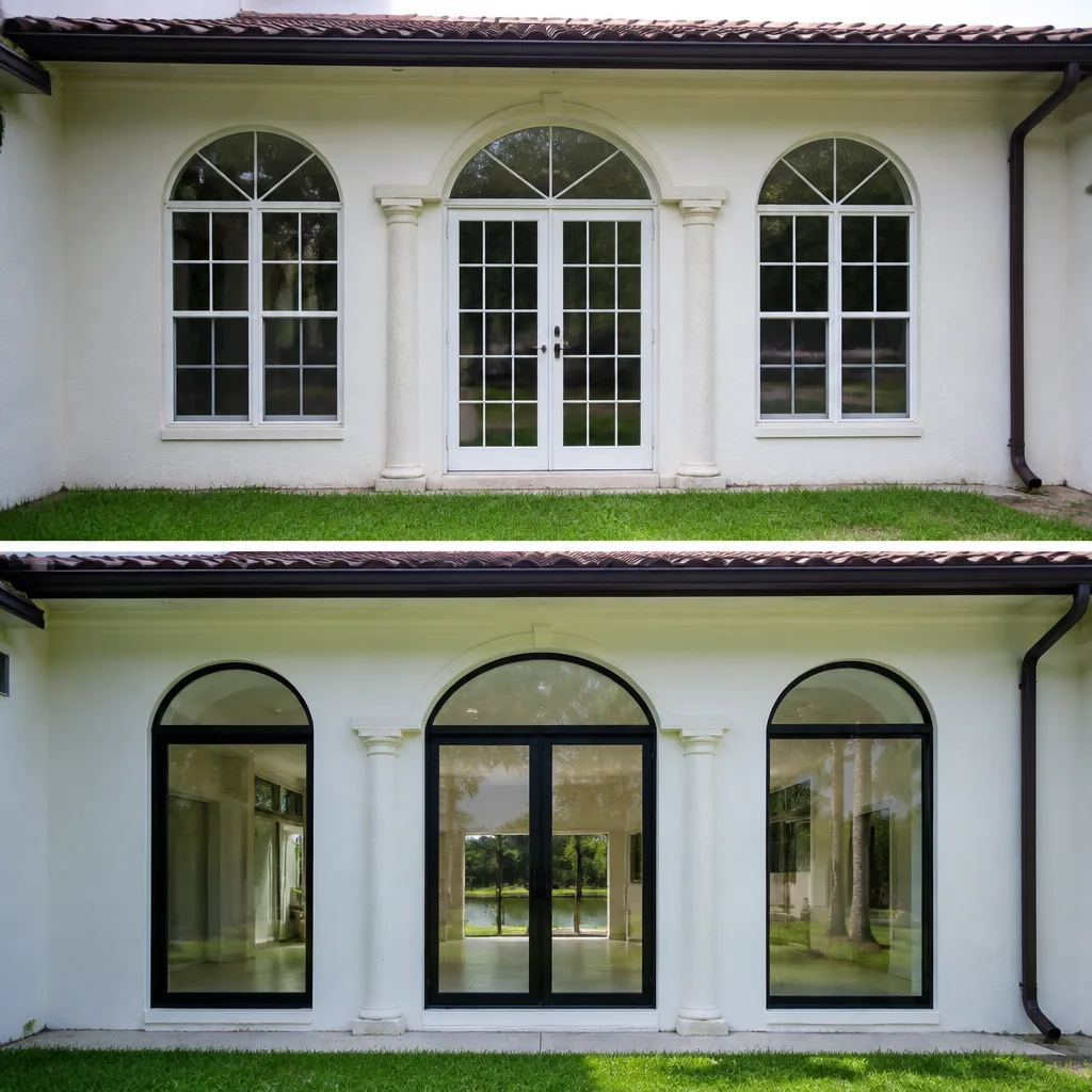 Before and after professional window and door replacement home renovation