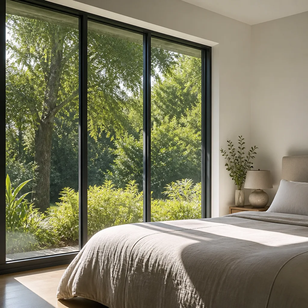 Modern floor-to-ceiling window replacement in a bright, minimalist bedroom