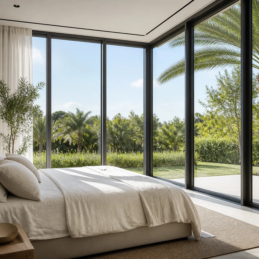 Modern bedroom with expansive floor-to-ceiling glass windows and garden view in Wellington, FL